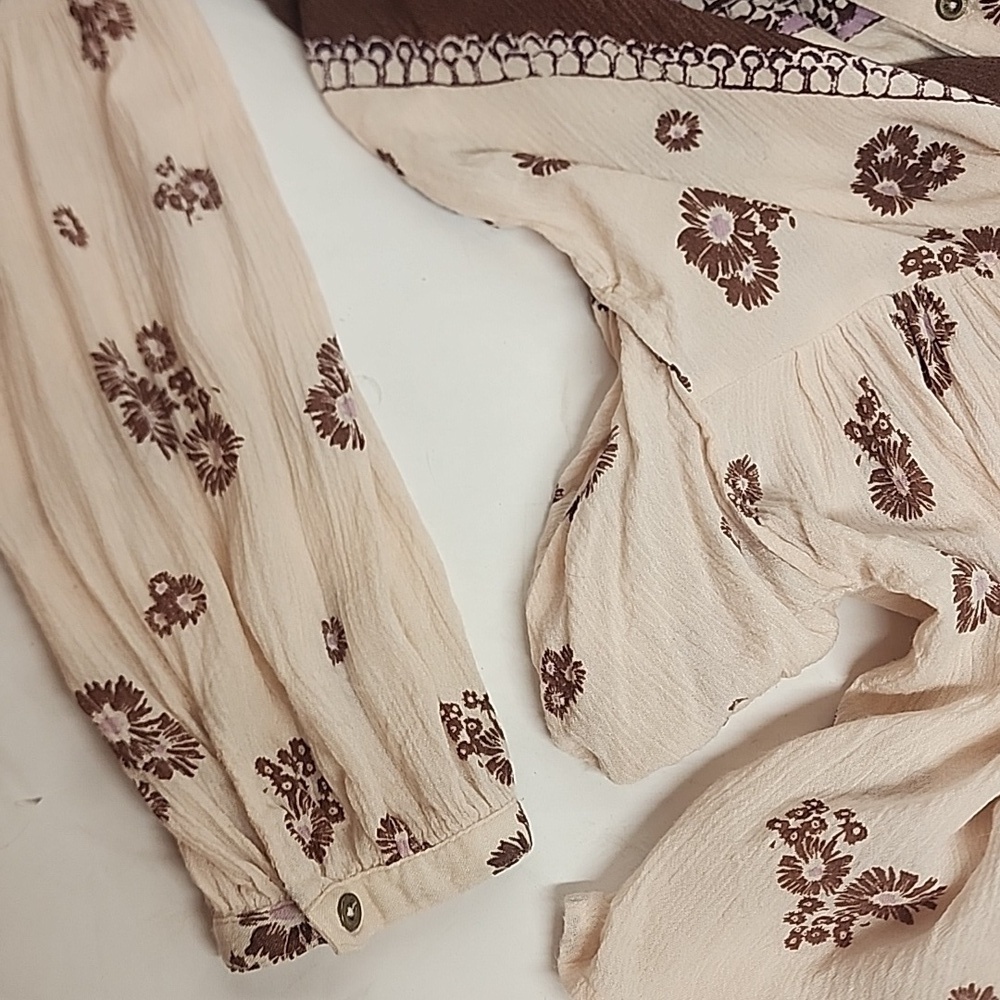 Free People Boho oversized floral brown& pink long-sleeve blouse dress w/pockets - Picture 4 of 11